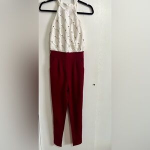 SHEIN zip back halter backless pocket jumpsuit size XS red, white pre owned